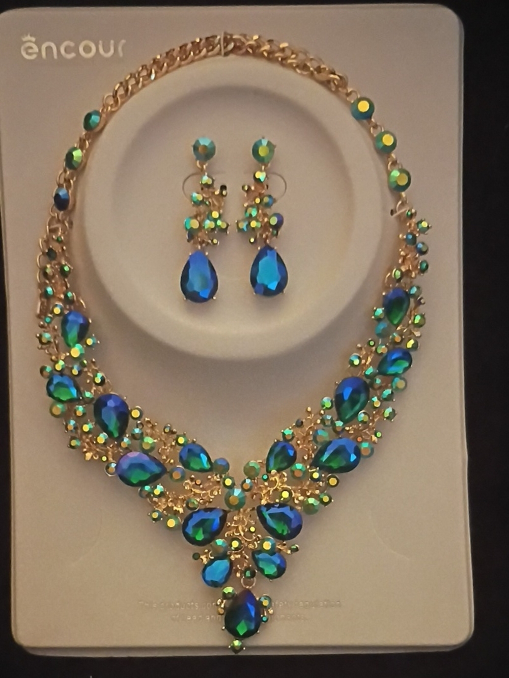 Encour Blue-Green Teardrop Crystal Necklace and Earrings Set